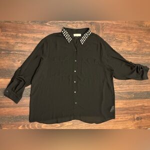Michael Kors Women's Black Sheer Shirt Wi5 Studded Collar 2XL Whimsygoth Minimal